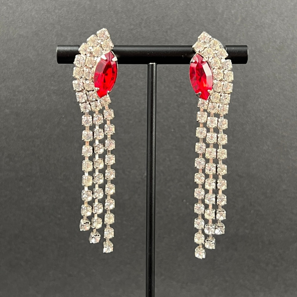 Vintage Rhinestone Earrings Red Silver Tone Fringe Chandelier Formal 2.75" - Picture 2 of 10